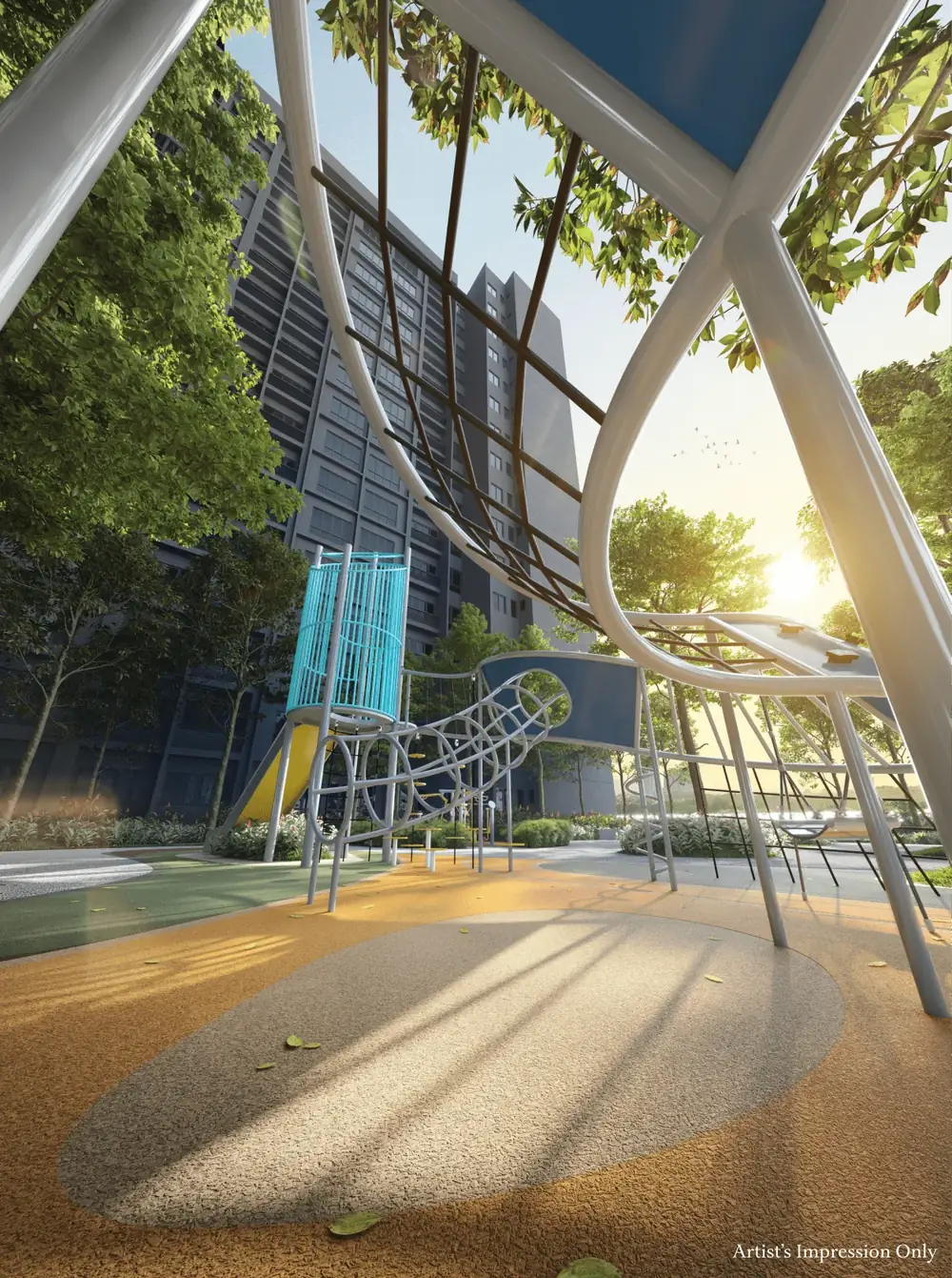 Artist impression of the children's playground and landscaped deck at Avantro Residences