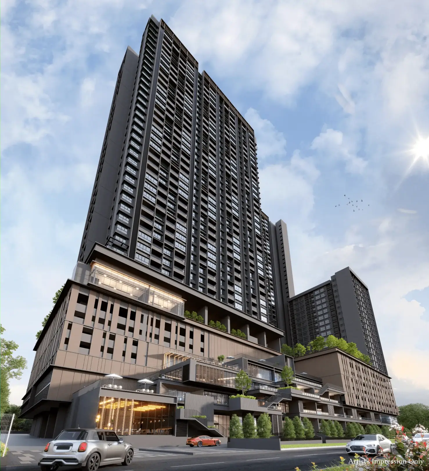 Artist impression of Avantro Residences towers above the retail podium in Bandar Kinrara, Puchong