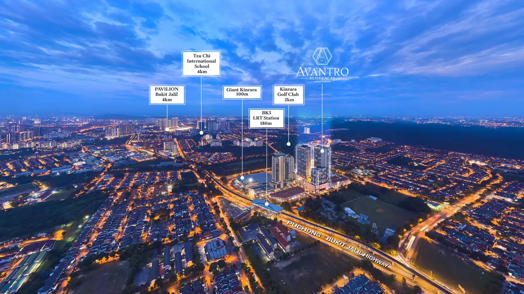 Aerial view of Avantro Residences in Bandar Kinrara showing the BK5 LRT station and surrounding Puchong neighbourhood