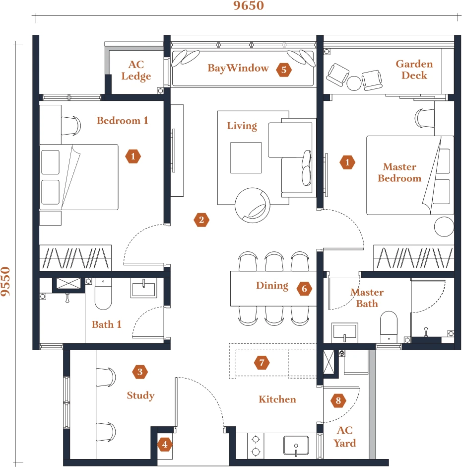 Type B4 floor plan, 2 bedrooms plus study, 893 square feet, Avantro Residences