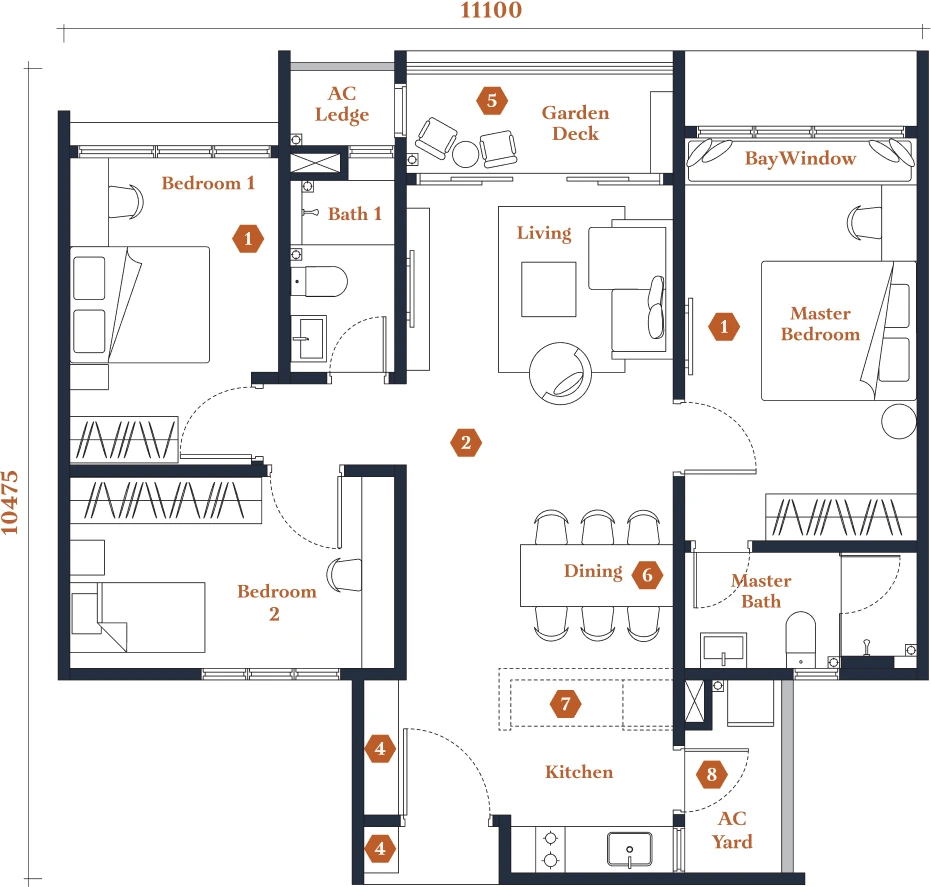 Type C2 floor plan, 3 bedrooms, 1,033 square feet, Avantro Residences
