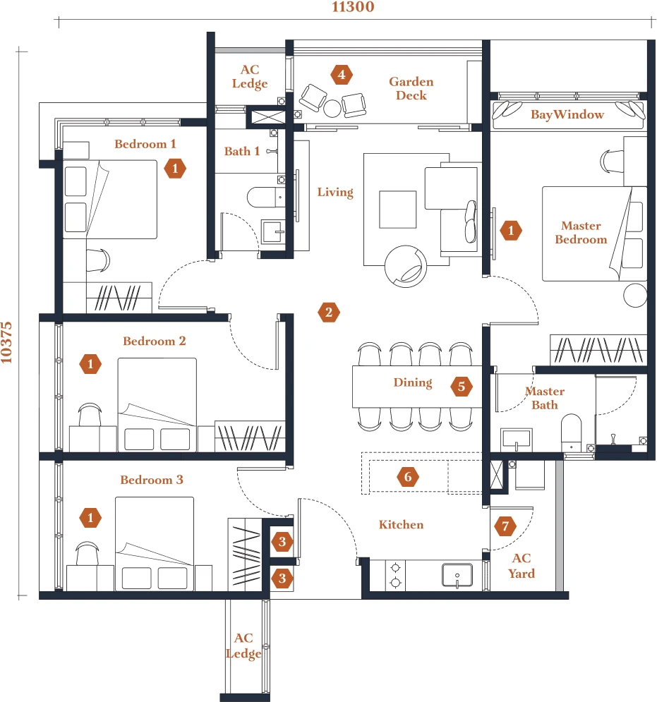 Type D1 floor plan, 4 bedrooms, 1,152 square feet, Avantro Residences