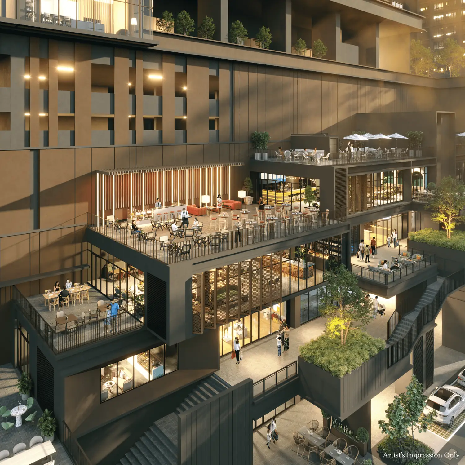 Artist impression of the Avantro Residences retail hub dining terraces